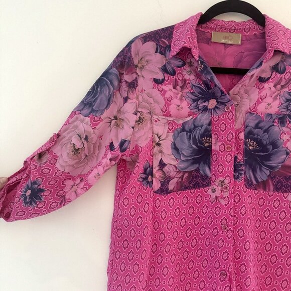 Anthropologie Free For Humanity sz M Mixed Print Floral Cottage Button Roll Tab - Picture 8 of 16